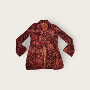 Vintage Y2k Topia red paisley floral sheer mesh collared bell sleeve shirt